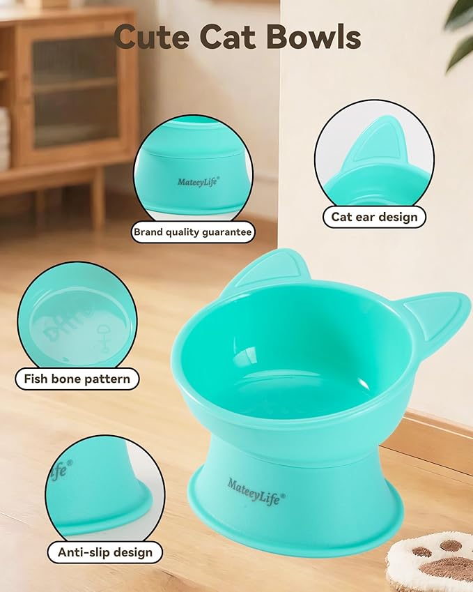 MateeyLife Elevated Cat Bowls, 2P Raised Food and Water Bowl Set for Indoor Cats & Small Dogs, Whisker Fatigue Cat Bowl, Anti Vomit Feeding Pet Bowls, 6 oz Each, Dishwasher Safe - Pink & Green