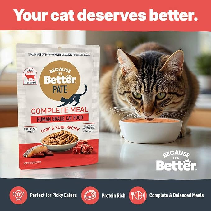 Because It's Better Pate Complete Meal, Turf & Surf Recipe, 2.6 oz Pouches, Wet Cat Food, 12 Count