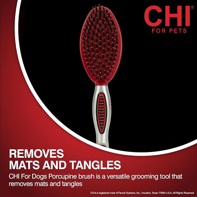 CHI for Dogs Porcupine Pin and Bristle Dog Grooming Brush, Detangling and Smoothing Brush for Short Medium and Long Dog Coats, Helps Remove Loose Hair and Light Tangles, Ergonomic Soft Grip Handle