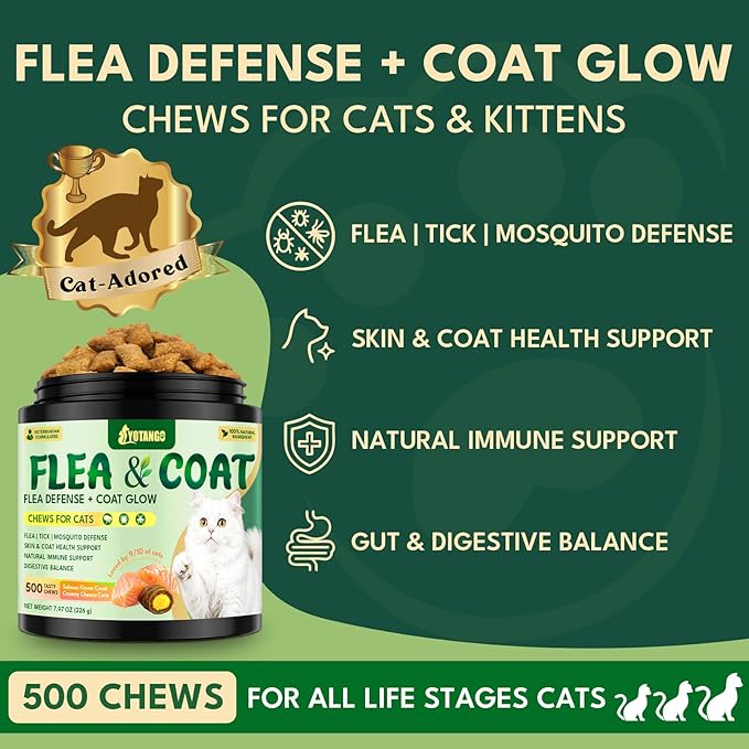 YOTANGO Cat Flea Treatment Crunchy & Creamy Chewables, 500 Chews Natural Flea and Tick Prevention for Cats + Skin and Coat Support, Daily Oral Supplement Chewables for Cats and Kittens (Salmon Flavor)