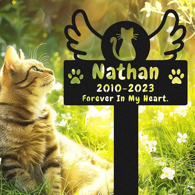 Personalized Cat Memorial Stake Grave Marker with Wings Paws, Custom Cat Memorial Grave Marker Garden Stake, Customized Metal Pet Cat Memorial Plaque Pet Grave Marker Remembrance Stake