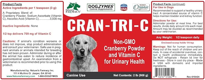 Dogzymes Cran Tri C Urinary Tract Support, Vitamin C Blend, 1418mg per Teaspoon (8 Ounce)
