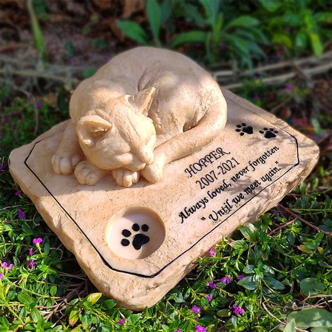 somiss Cat Memorial Stones,Personalized Pet Memorial Stones Grave Markers with A Sleeping Kitten On The Top, 8"×6.5"×3"