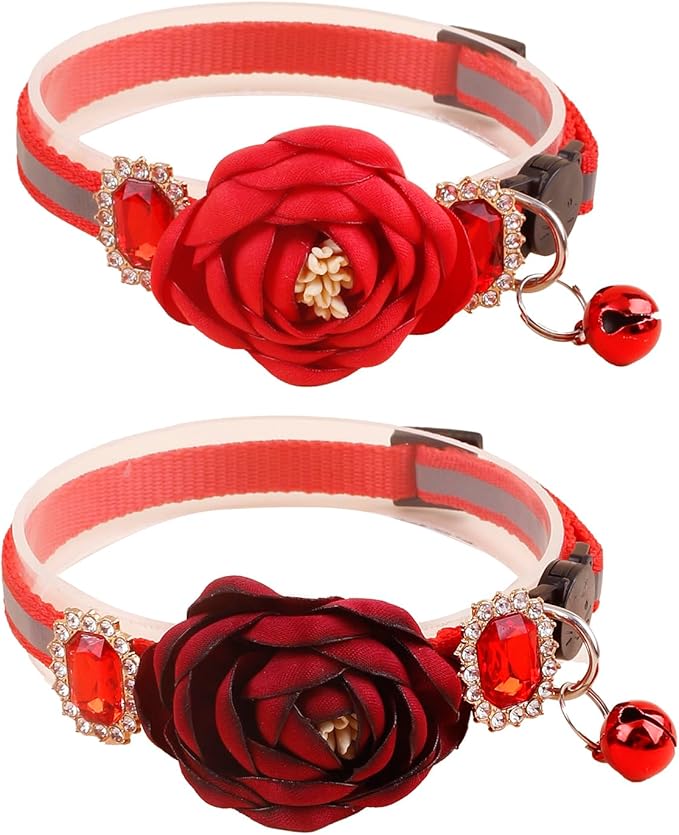 2 Pack Cat Collar Pink Floral with Bell and Removable Flower Bowtie Breakaway Adjustable Cat Collar for Girl Kitten Puppy Small Cats Dogs Daily Decoration (XQ9-4) (XQ9-1)