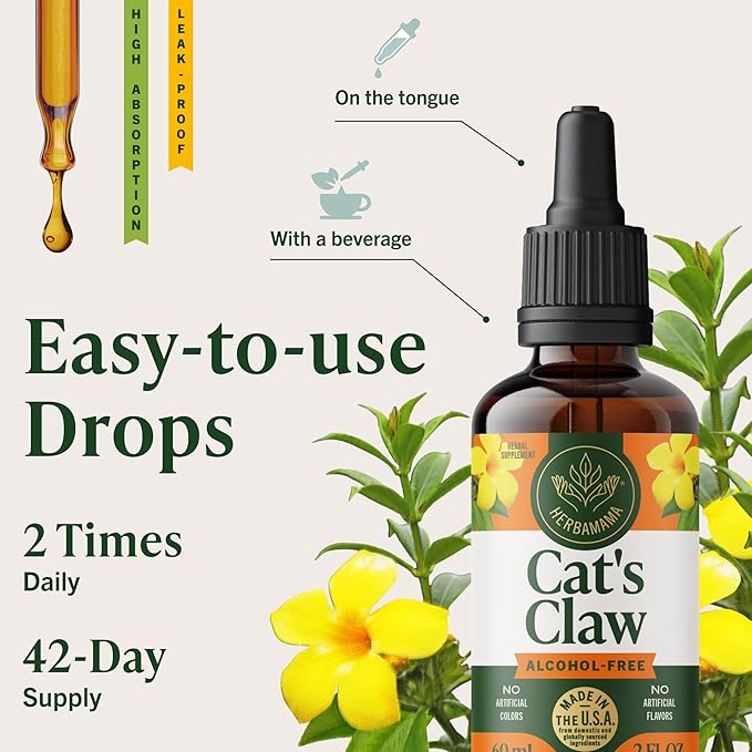 HERBAMAMA Cat's Claw Tincture - Vegan Cat's Claw Extract Supplement for Immune Support - Non-GMO, Alcohol & Sugar-Free Uncaria Tomentosa Drops
