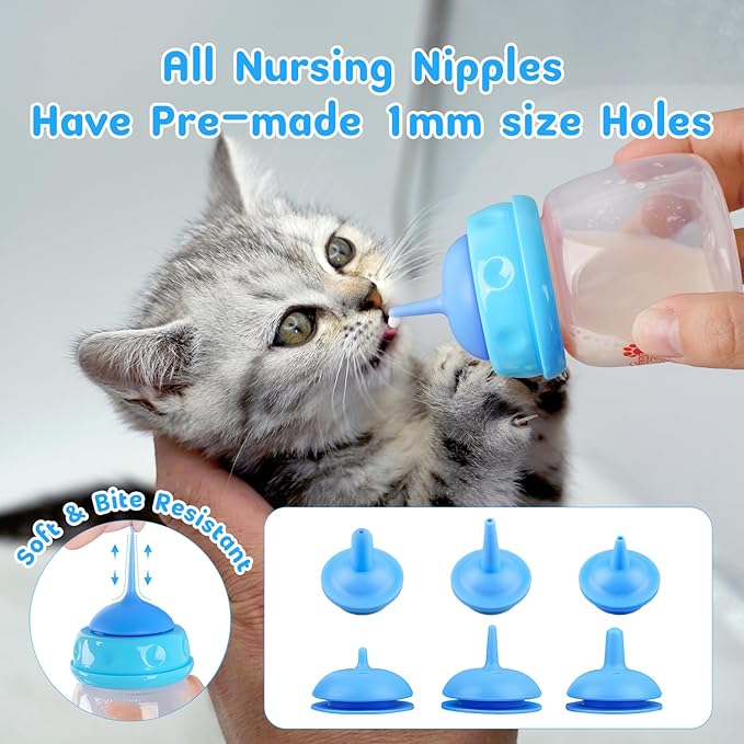 Pet Feeding Bottle and Syringes,60ml Nursing Bottle, 3 Sizes Nipples with Ventilation Valve Resistant Tearing Perfect for Puppies, Kittens, Small Wildlife (Blue)