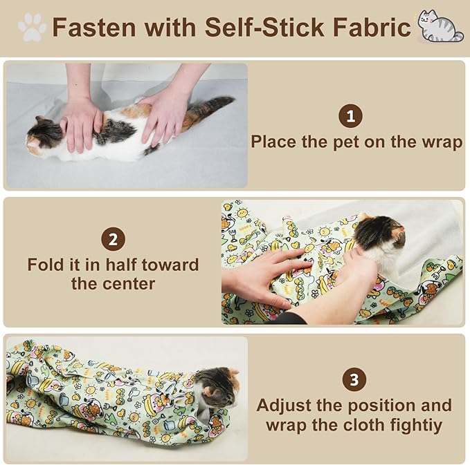 27.6" Large Cat Grooming Wrap – Anti-Escape Cat Wrap for Cutting Nails, Brushing & Medication – Soft, Comfortable, Reusable, Self-Adhering, Holds Cats Up to 15lbs (Cow Corn)