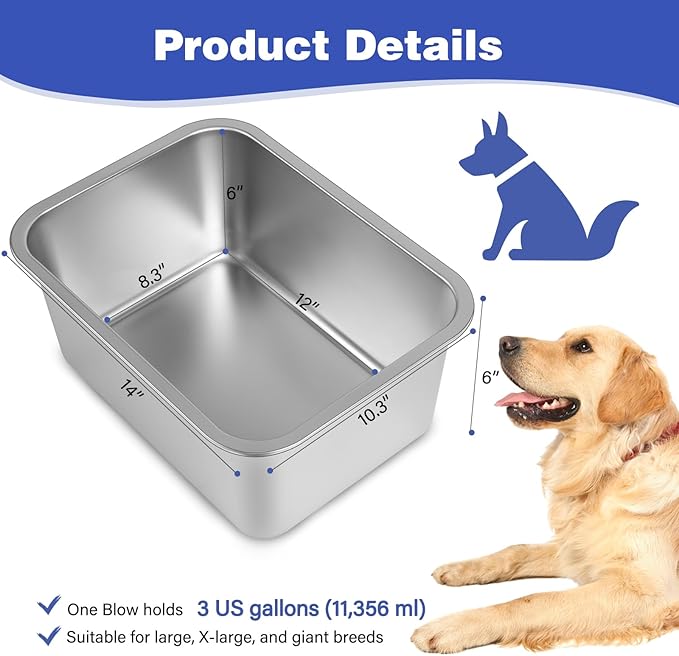 3 Gallons Large Dog Water Bowl, 2PCS Stainless Steel Metal Dog Bowls, Large Capacity Pet Food Bowl Water Dish for Indoor and Outdoor Universal for Medium to Giant Dogs
