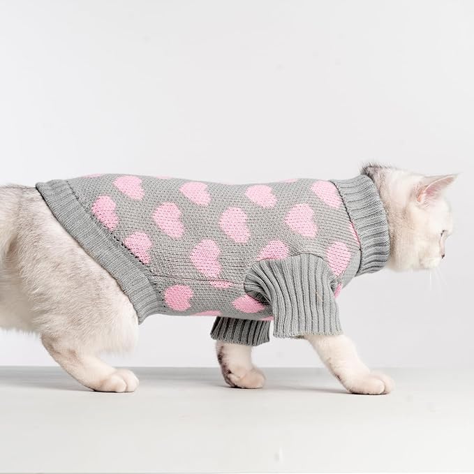 KOOLTAIL Cat Sweater - Valentine's Day Outfit with Hear Love Pattern Cold Weather Soft Warm Knit Turtleneck Clothes for Cats Kitten Small Dogs Puppy Greay S