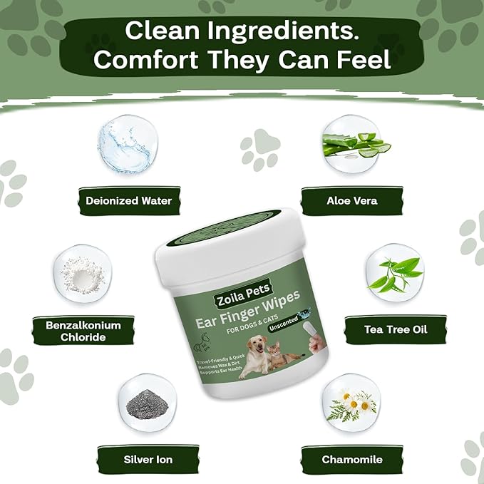 Dog Ear Wipes & Cat Ear Cleaner – Ear Wipes for Dogs, Cat Ear Wipes, Gentle Dog Ear Cleaning Wipes Remove Wax, Dirt & Odor, No-Rinse Ear Care (Unscented)