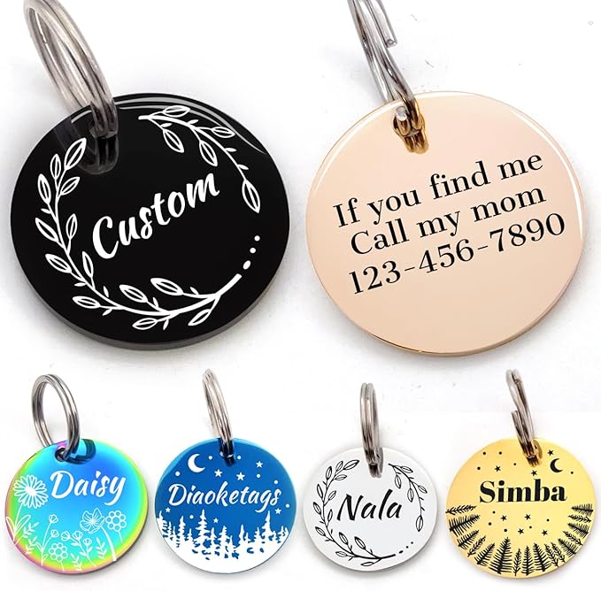 Stainless Steel Cat ID Tag Personalized Pet Tags with up to 4 Lines of Custom Text, Small Pet Mini Dog Cat Tag Lightweight, Engraved on Both Sides, Multiple Patterns Colors Size Options