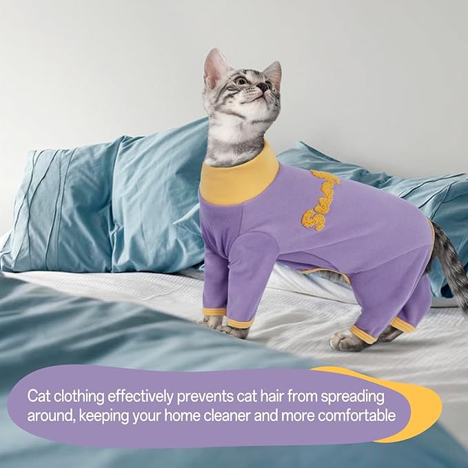 T'CHAQUE Sticky Hair Cat Onesie Pajamas, Soft Long Sleeve Cat Clothes, Anti-Shedding, Surgery Recovery Suit, Wound Protection & Preventing Licking, Kitten Sweaters for Male & Female, Purple-2XL