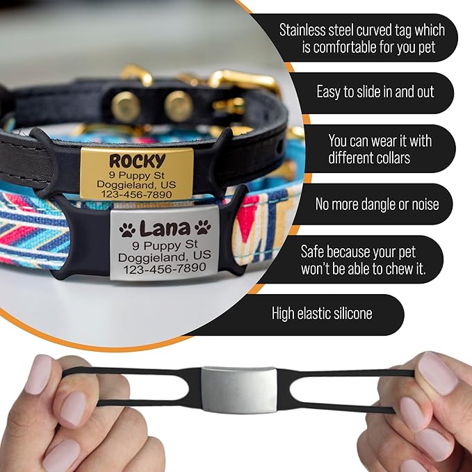 Personalized Slide-On Silent Pet ID Tag, Custom Engraved Elastic Band Name Plate and Phone for Collars and Harnesses, No Noise Charms for Dogs, Cats, Puppies, Kittens, or Horses