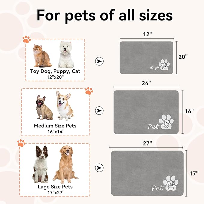 Dog Cat Feeding Mat-Absorbent Pet Bowl Mat for Food and Water, Quick Dry Water Dispenser Mat for Floors with Waterproof Rubber Backing, Large Dogs Placemat Mats for Messy Drinkers,17"x27",Grey