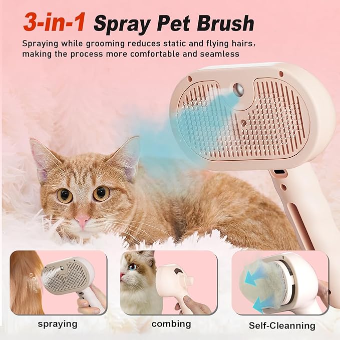 Dog Steam Brush 3 in 1 Cat Brush with Steam and Release Button Grooming Tool for Indoor Pets Dogs Hair Removal Shedding Water for Small Animals Long Short Haired - Pink