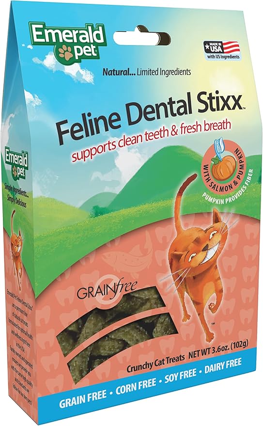 Emerald Pet Grain-Free Salmon Cat Dental Treats – Crunchy Dental Sticks for Cats to Clean Teeth, Reduce Plaque & Tartar, Freshen Breath – Pumpkin for Digestive Health, Natural Cat Chews, 3.6 oz