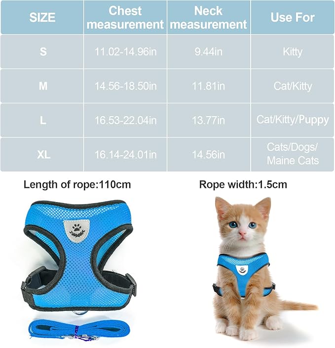 shudyear Summer cat Chest Harness and Leash, Anti-Escape Adjustable Soft mesh cat Leash and Chest Harness Set for All Types of Cats cat Vests(Size XL, Sky Blue)