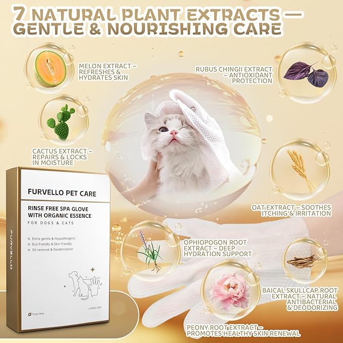 4 in 1 Pet Glove Wipes for Dogs & Cats, 7 Plant Extracts, Hypoallergenic Pet Cleaning Wipes, Dog Washing Gloves Extra Thick, Lick-Safe, Rinse Free for Grooming and Travel, 6PCS