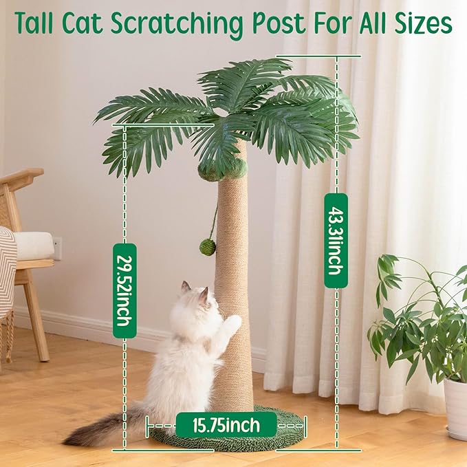 43 Inches Tall Cat Scratching Post for Large Cat, Coconut Tree Shaped Sisal Scratcher for Indoor Cat with 3 Pompoms