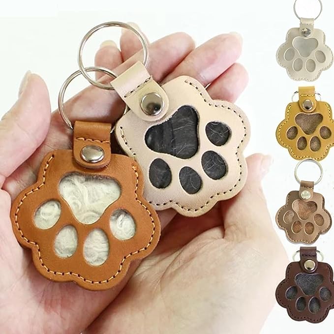 Pet Memorial Keychain Leather Cat Claw Keychain Pet Hair Keepsake Box Cherished Memories Gifts for Pet Lovers (Beige)