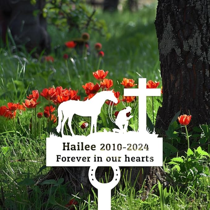 Custom Horseshoe Memorial Grave Marker, Personalized Cowboy Horse Sympathy Gift Cross Plaque, Metal Horse Memorial Garden Stake Yard Sign