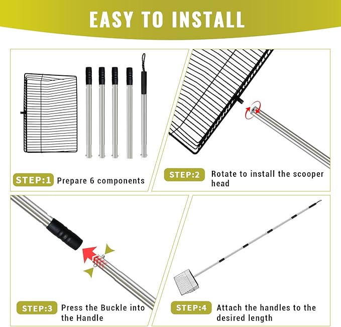 Metal Chicken Poop Scooper, 5-in-1 Detachable Chicken Coop Scoop Rake, Long Stainless Steel Handle, Chicken Litter Scoop Sifting Shovel Chicken Coop Scooper for Sand (10inch Large)