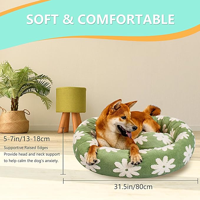 31 Inch Calming Dog Bed for Medium Dogs, Round Anti-Anxiety Warm Bed, Soft Cozy Anti-Slip Donut Washable Pet Bed, Fits up to 50 lbs Pets