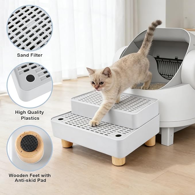 Adjustable 2 Steps Litter Box Ramp, Cat Litter Catcher Mat with Wooden Feet, Filter Function, Litter Box Step for Small & Elderly Cats, Fits Automatic Litter Boxes (Light Grey)