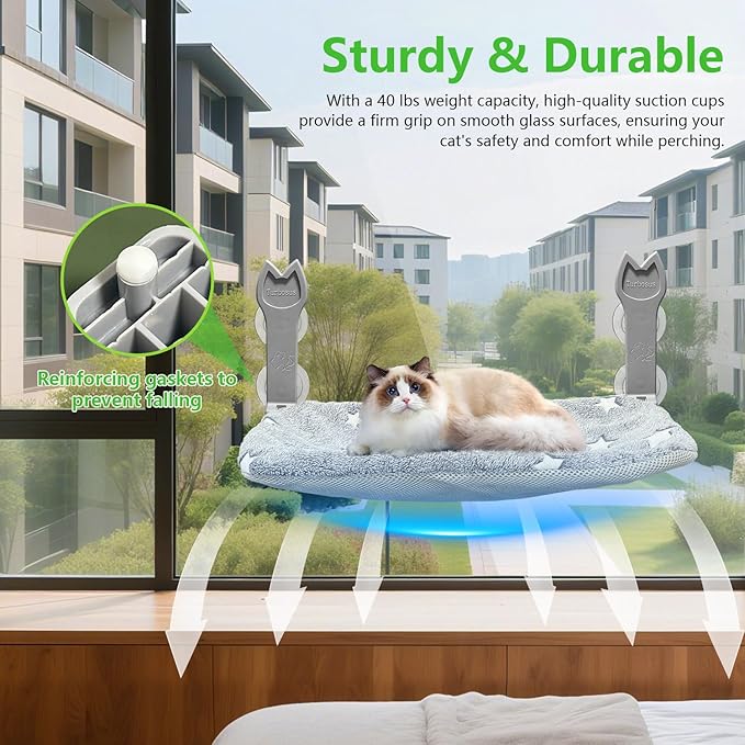 2 Pack Cat Window Perch,Cat Window Hammock Cordless Foldable Window Bed with 4 Large Strong Suction Cup,Reversible Cushion Cover,Metal Frame Easy to Adjust Window Seat Holds up to 40lbs(Star White，M
