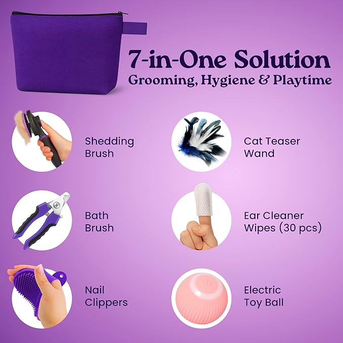Cat Grooming Kit Universal Pet Care Supplies 6 in 1, Include: Cat Nail Clipper, Brush for Shedding, Wand Toy, Interactive Ball Toy, Bath Brush, Ear Cleaner Finger Wipes (30ct.)