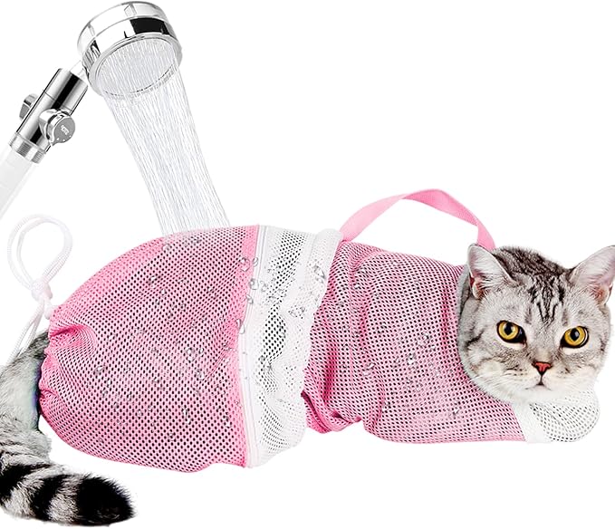 Cat Bathing Bag Adjustable Cat Grooming Net Bag Anti-Bite & Anti-Scratch Cat Bath Washing Restraint Bag, Breathable Mesh Cat Grooming Bag for Shower, Nail Trimming, Injection