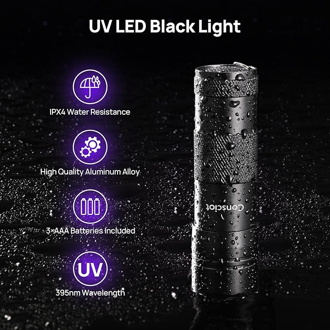 UV Flashlight Black Light, Consciot 12 LED 395nm Ultraviolet Blacklight, Portable Mini Torch Light Pet Urine Detector for Dog/Cat Urine, Dry Stains, Bed Bug, Matching with Pet Odor Eliminator