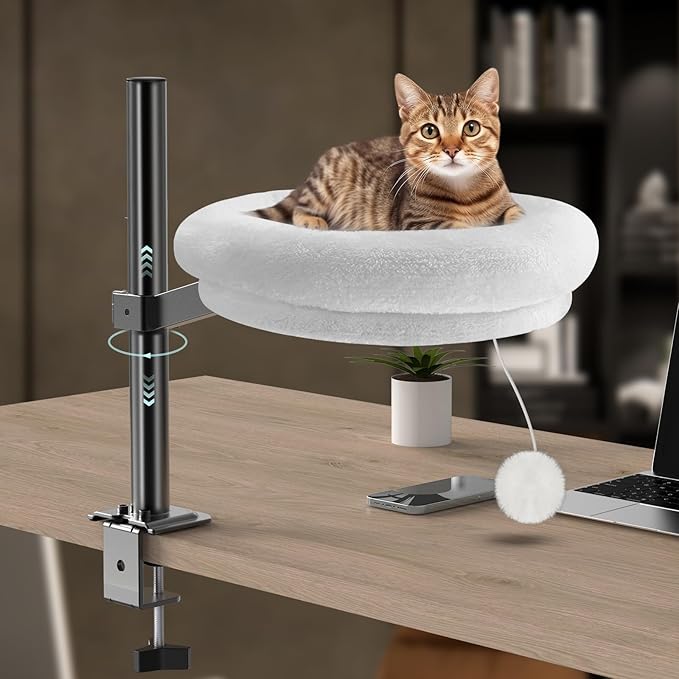 Cat Desk Bed, Pet Cats Desk Table Round Hammock, 360° Rotation & Height Adjustable, Comfortable Washable Soft Pad for Kitten, Metal Frame for Table Mounted Desk Side Pet Perch Bed Furniture