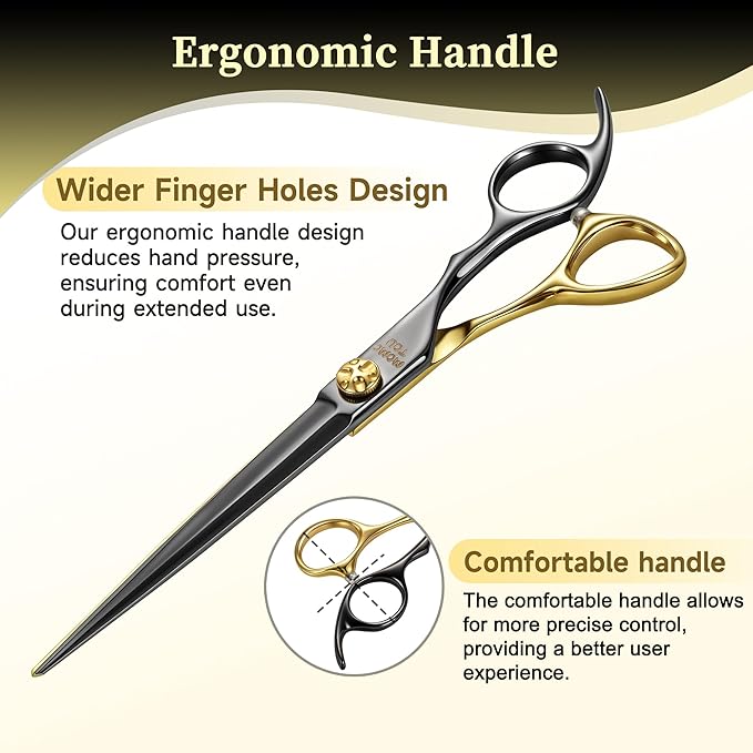 7'' Straight Dog Grooming Scissors CNC 440C Blades Sharp and Durable Dog Shears Black and Gold Pet Scissors Smooth Cutting Easy to Use for Professional Groomer