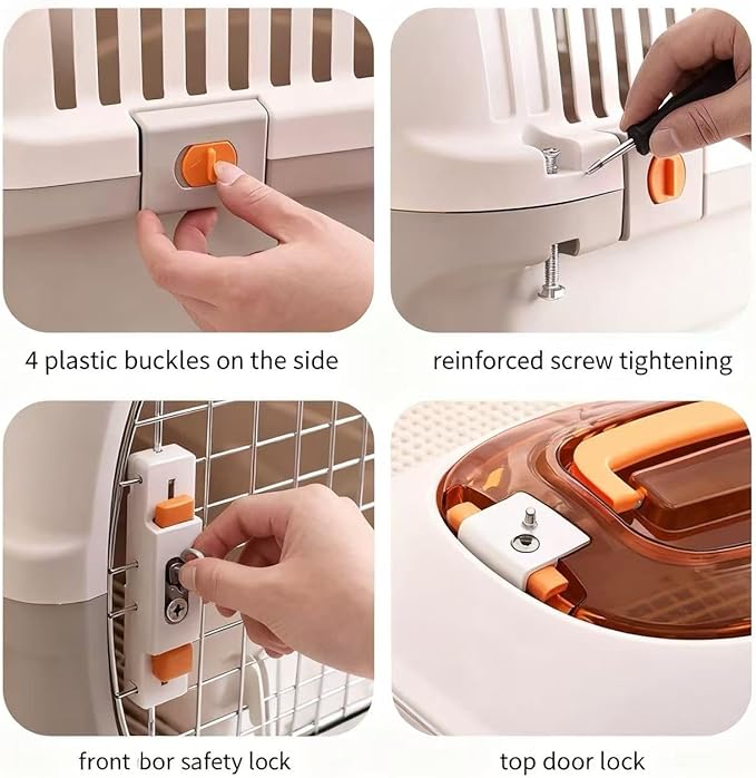 Hard Cat Carrier Top Load Sturdy Plastic Pet Travel Kennel with Roof Petting Hatch Metal Wire Door,360°Ventilation Hard Shell Crate Two-Door Plastic Pet Kennel,Portable for Cats Small Dogs (Orange)