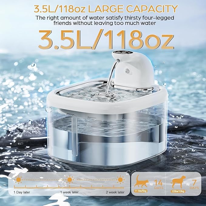 Wireless Cat Water Fountain Stainless Steel, 118oz/3.5L Cordless Automatic Pet Water Dispenser for Cats Indoor, with Motion Sensor, Ultra Quiet Pump, Rechargeable & Multi-Filtration-Silver