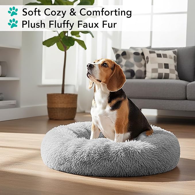PetAmi Calming Dog Bed for Small & Medium Dogs and Cats, 30 Round Donut Dog Bed, Washable Fluffy Faux Fur Puppy & Cat Bed, Anti-Anxiety Plush Cuddler Pet Bed with Anti-Slip Bottom - Light Gray