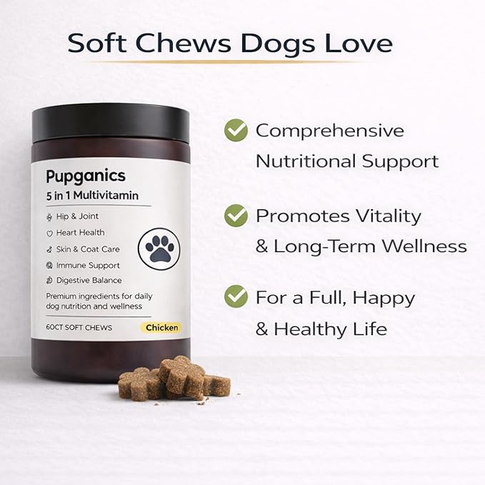 Pupganics Multivitamin Soft Chews for Dog, Dog Vitamins and Supplements for Immune System, Joint Support, Skin, Gut Health, with Probiotics, Glucosamine, Vitamin A/D3/E, Chicken Flavor, 60 Count (1)
