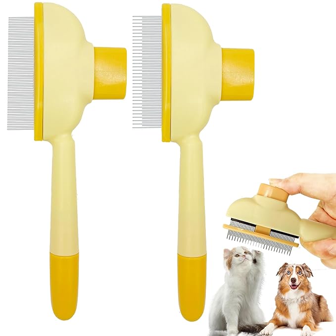 TerraKin 2-Pack Flea Comb for Cats & Dogs, One-Click Self-Cleaning Pet Grooming with Release Button, Long & Short Stainless Steel Teeth for Deshedding, Removing Fleas & Massaging,Orange