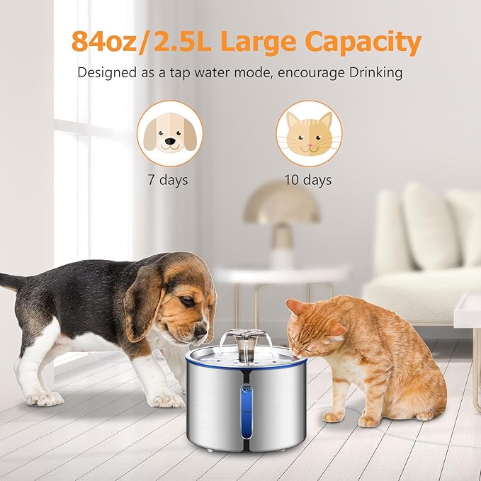 BOORCA Cat Fountain, 84oz/2.5L Stainless Steel Pet Water Fountain, Automatic Dog Water Dispenser, Water Level Window, Ultra-Quiet Pump, Perfect for Cats, Dogs and Multiple Pets, 4 Filters