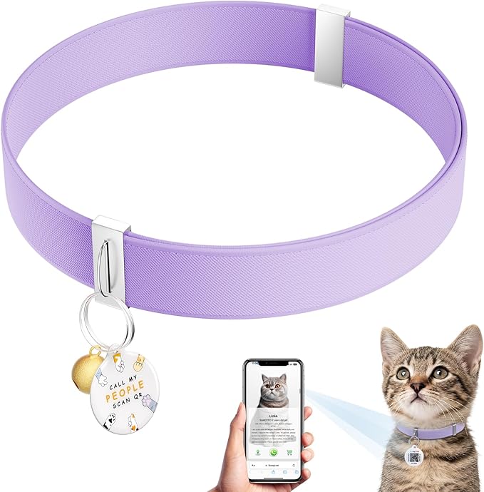 Cat Collar with QR Code Name Tag, Stretch Elastic Quick Release, Cat ID Tag Personalized, Ultra-Durable, Non Breakaway Lightweight Kitten Collar Fits Most Girl Boy Small Large Cats (Purple)