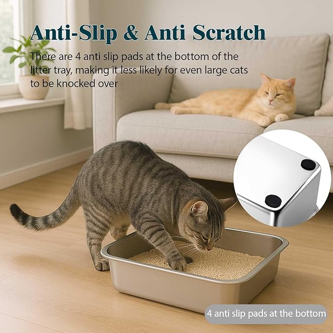 FELIO Stainless Steel Cat Litter Box - Medium Metal High Side Cats Pan, 19.4" L×13.5" W×5.9" H, Splash-Proof and Non-Stick Cat Poop Box odorless, Easy to Clean for Big Cats, Rabbit, Dog, Ferret