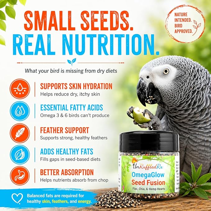 UnRuffledRx™ OmegaGlow for Birds – Raw, Natural Seed Blend for Feather Growth & Molting Support – Skin & Immune Health with Chia, Flax & Hemp Seeds – Helps Reduce Plucking – 2 oz Shaker Jar
