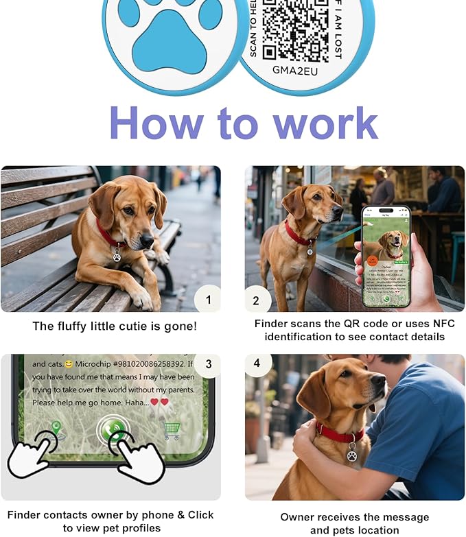 WhoseID QR Code Cat Tag, Modifiable Pet Online Profile Page, Multiple Emergency Contact, Silent Silicone, Lightweight, No Jinging, Collar Accessories, QR Cat ID Tag (Small Breeds - 1", Blue)