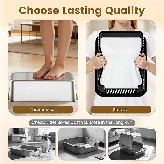 Small Stainless Steel Cat Litter Box - 11.8" High Sided, Open-Top Design, Low Entry for Kittens & Small Cats, Anti-Leak & Easy to Clean, Compact Space-Saving Size(17.3" L x 13.4" W × 11.8" H)