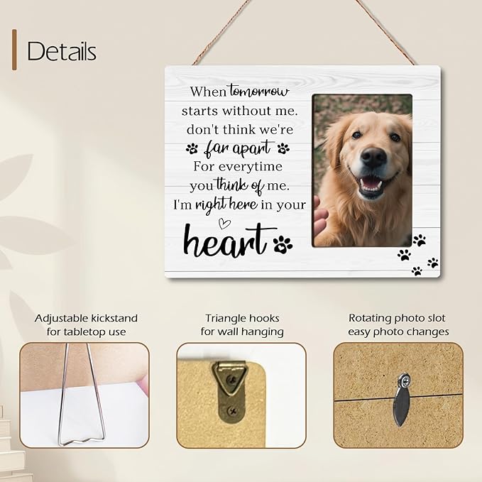 Pet Memorial Gifts for Loss of Pet, Right Here In Your Heart, Cat Dog Memorial Wooden Picture Frame Sympathy Gifts, Fits 4x6 Photo Frame