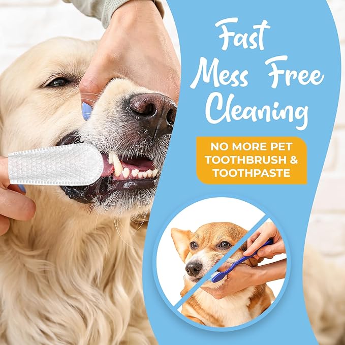 Dog Teeth Cleaning Finger Wipes - Easy Cats & Dogs Dental Care Toothbrush and Tooth Brushing Kit, Freshen Bad Breath, Reduces Plaque - 50 Count