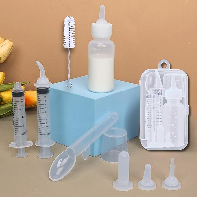 Newborn Kitten & Puppy Feeding Kit, 50ml Nursing Bottle & Syringe Set with Soft Silicone Nipples, Oral Dosing Syringe & Medicine Dispenser, BPA-Free Nursing Supplies for Cats, Dogs, Rabbits, Squirrels