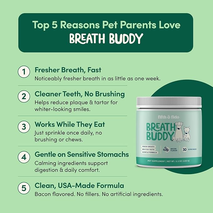 Fifth & Fido Breath Buddy Dog Dental Powder for Fresher Breath & Cleaner Teeth, Cat & Dog Teeth Cleaning Powder, Removes Plaque, Gentle Formula for Sensitive Stomachs, Natural Ingredients, USA Made