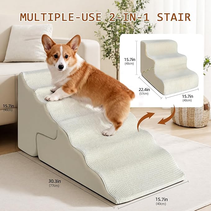 Pet Dog Stairs for Small Dogs, 2 in 1 Transformable 3-Step Pet Stairs and Wave Anti-Fall Slope for Short Legs and Long Legs Dog, for Couch (12-19 in) with Durable Non-Slip Waterproof Cover（Beige）